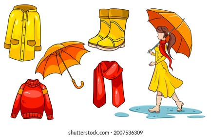 Autumn set. Collection of autumn items. Girl with umbrella, scarf, raincoat, sweater, rubber boots, umbrella. Cartoon style. Vector illustration for design and decoration.