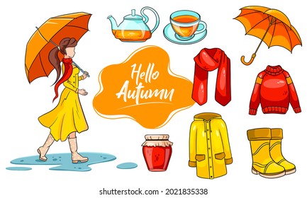 Autumn set. Collection of autumn items. A girl with an umbrella, scarf, raincoat, sweater, rubber boots, umbrella, hot tea, jam. Cartoon style. Vector illustration for design and decoration.