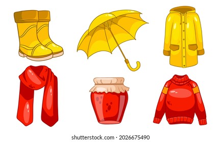 Autumn set. Collection of autumn items. Jam, scarf, raincoat, sweater, rubber boots, umbrella. Cartoon style. Vector illustration for design and decoration.