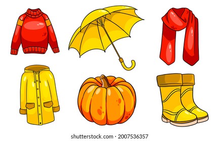 Autumn set. Collection of autumn items. Pumpkin, scarf, raincoat, sweater, rubber boots, umbrella. Cartoon style. Vector illustration for design and decoration.