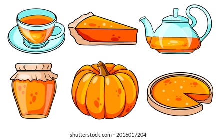 Autumn set. Collection of autumn items. Pumpkin, hot tea, kettle, mug, pumpkin pie, jam. Cartoon style. Vector illustration for design and decoration.