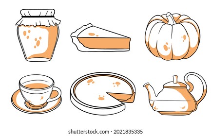 Autumn set. Collection of autumn items. Pumpkin, hot tea, kettle, mug, pumpkin pie, jam. Line style. Vector illustration for design and decoration.