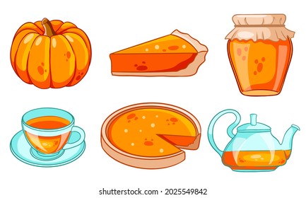 Autumn set. Collection of autumn items. Pumpkin, hot tea, kettle, mug, pumpkin pie, jam. Cartoon style. Vector illustration for design and decoration.