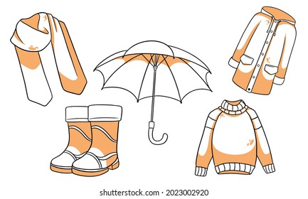 Autumn set. Collection of autumn items. Scarf, raincoat, sweater, rubber boots, umbrella. Line style. Vector illustration for design and decoration.