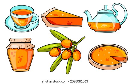 Autumn set. Collection of autumn items. Sea buckthorn, hot tea, teapot, mug, pumpkin pie, jam. Cartoon style. Vector illustration for design and decoration.