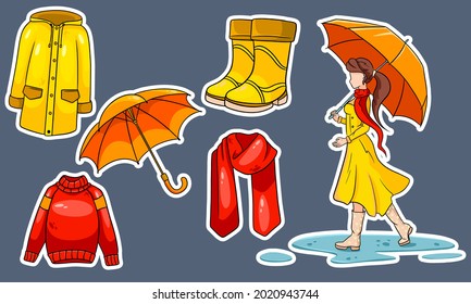 Autumn set. Collection of autumn items. Stickers. Girl with umbrella, scarf, raincoat, sweater, rubber boots, umbrella. Cartoon style. Vector illustration for design and decoration.