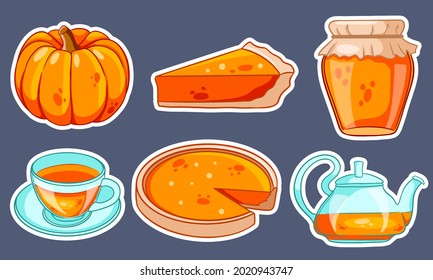 Autumn set. Collection of autumn items Stickers. Pumpkin, hot tea, kettle, mug, pumpkin pie, jam. Cartoon style. Vector illustration for design and decoration.