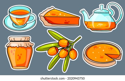 El otoño. Colección de artículos de otoño Pegatinas. Tuerca marina, té caliente, tetera, taza, tarta de calabaza, mermelada. Estilo de caricatura. Ilustración vectorial para diseño y decoración.