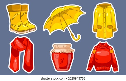 Autumn set. Collection of autumn items. Stickers. Jam, scarf, raincoat, sweater, rubber boots, umbrella. Cartoon style. Vector illustration for design and decoration.