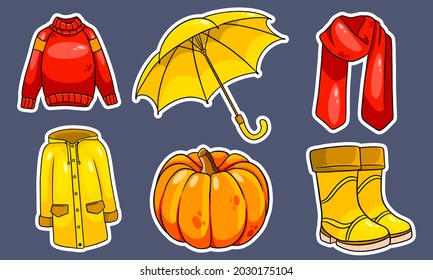 Autumn set. Collection of autumn items. Stickers. Pumpkin, scarf, raincoat, sweater, rubber boots, umbrella. Cartoon style. Vector illustration for design and decoration.