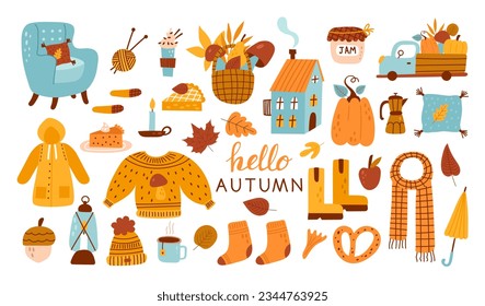 Autumn set, collection with leaf, pumpkins, sweater, and others. Perfect for web, card, poster, cover, tag, invitation, sticker kit. Vector illustration
