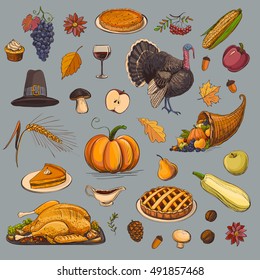 Autumn set of color drawings to the day of Thanksgiving.