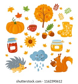 Autumn set. Colorful fall elements, fall leaves, forest animals, umbrella, mushroom and other. Thanksgiving day elements and icons. 