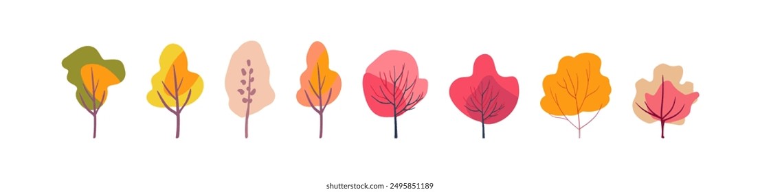 Autumn set of colorful trees. Pink and red folk plants. Orange and yellow tree crowns on a white background. Hand drawn. Isolated Flat vector