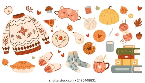 Herbst-Set von gemütlichen Design-Elementen. Herbst-Stimmung. Hygge-Stil, handgezeichnete Vektorgrafik, skandinavisches Doodle skizzenhafte Elemente. Herbstpflanzen, Essen, Herbst, Erntedankfest, Herbstsaison. Vektorgrafik flach