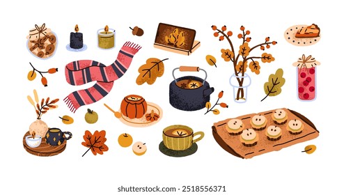 Autumn set. Cozy fall collection. Seasonal food, drink, leaf, decoration. Hygge elements, hot tea, warm pie, homemade pastries, candle and scarf. Flat vector illustration isolated on white background