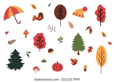 Autumn set of cozy illustrations, fallen leaves, yellowing trees, umbrella, warm hat, harvest of mushrooms and pumpkins. Vector hand drawn illustration isolated on white background