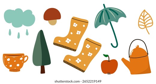 Autumn set for cozy rainy day. Cute autumn set with rubber shoes, umbrella, mushroom and apple.