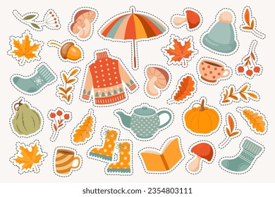 Autumn set of cozy stickers. Sweater, socks, pumpkins, mountain ash, mushrooms, umbrella, autumn leaves, tea, rubber boots. Design elements. Vector
