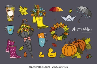 The autumn set of cozy supplies, colorful leaves, and seasonal decorations capturing the essence of fall, vector illustrations on a dark grey background