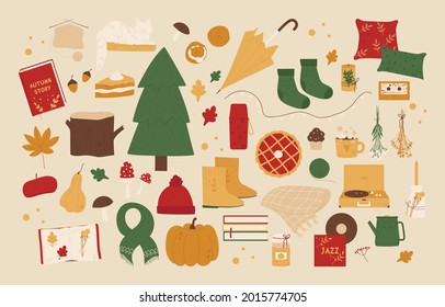 Autumn set. Cozy autumn vibes. Autumn trendy elements. Harvest festival and thanksgiving day concept. Vector illustration in cartoon style. Isolated on white background.