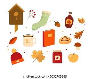 
Autumn set. A cup of tea, maple syrup and jam. Cinnamon roll, book, yellow leaves, mushrooms and berries. Cute socks and birdhouse. Vector illustration.