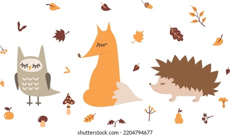 Herbstset mit süßen Tieren: Fuchs, Igel, Eule und Blätter, Pilze, Beeren. Vektorgrafik von Waldfiguren. Flaches Design. Isolierte Elemente. 