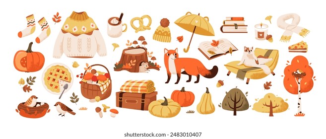 Herbst-Set mit niedlichen Tieren, Pflanzen und gemütlichen Herbst-Accessoires. Bücher und Kakao mit Kürbiskuchen für Herbstvergnügen. flache Vektorillustration