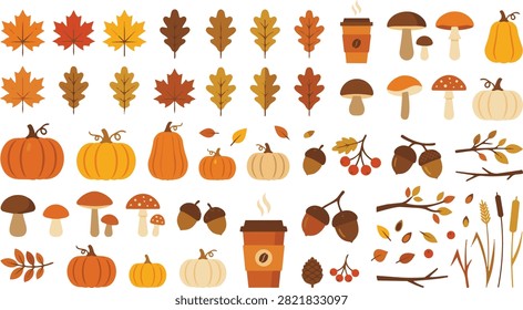 Autumn set with cute animals, plants and cozy autumn accessories. Books and cocoa with pumpkin pie for fall passtime. Flat vector illustration