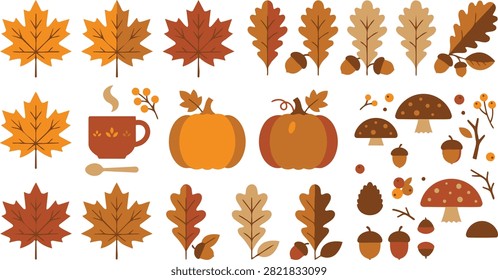Autumn set with cute animals, plants and cozy autumn accessories. Books and cocoa with pumpkin pie for fall passtime. Flat vector illustration