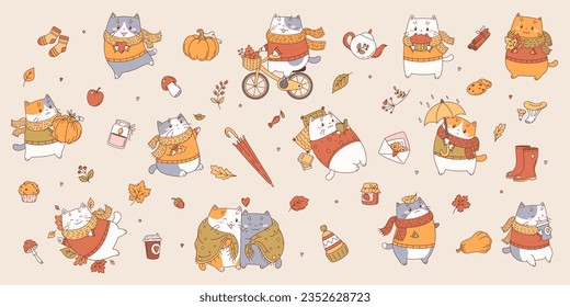 Autumn set of cute cartoon cats and autumn elements.