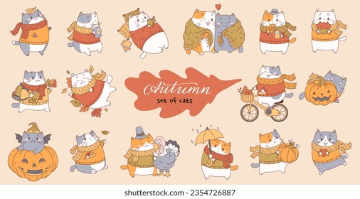 Autumn set of cute cartoon cats.