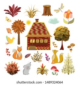 Autumn set of cute autumn cartoon characters, fall leaves, forest animals,hous and other. Perfect for web, card, poster, cover, tag, invitation, sticker kit. Collection of scrapbook elements.