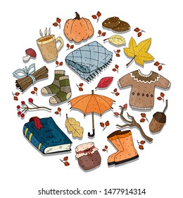 Autumn set. Cute cartoon seasonal vector illustration with themed elements. 