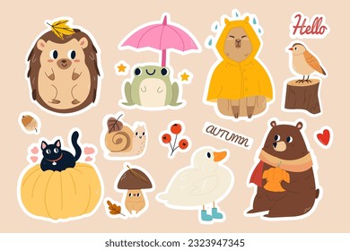 Autumn set with cute characters. Collection design elements with leaves,cute animals,capybara,frog, bird,bear,pumpkin,cat,duck,snail, mushroom.Hand-drawn vector illustration for poster,sticke,postcard