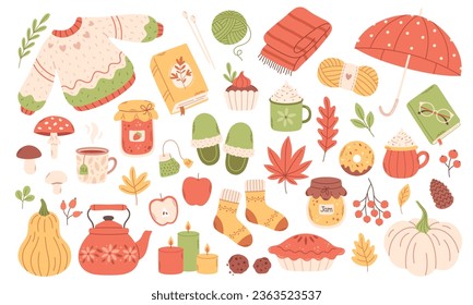 Autumn set of cute and cozy design elements. Fall mood. Autumn plants, food, harvest festival and thanksgiving day attributes. Vector illustration in flat style