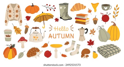 Autumn set of cute and cozy design elements. Hello fall. Pumpkins, socks, sweater, leaves, coffee, teapot, umbrella, mushrooms. Color flat vector illustration isolated on white background.