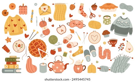 Autumn set of cute and cozy design elements. Fall mood. Hygge style, hand drawn vector, scandinavian doodle sketchy elements. Autumn plants, food, Fall, Thanksgiving Day, Autumn season. Vector flat