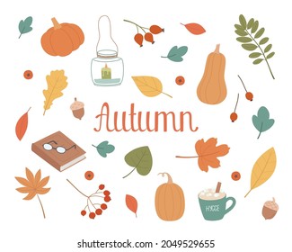 Autumn set cute elements: leaves, cup, book, candle, acorn, berries, pumpkin.