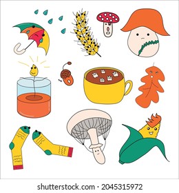 Autumn set with cute elements: umbrella, grain, mushrooms, aroma candle, acorn, cocoa, leaf, socks, corn. A set of stickers with funny faces. EPS 10.