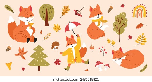 Autumn set with a cute fox. Fall Collection with a forest animal, leaves, mushrooms. 
Children vector illustration in the hand drawn style on isolated background. 