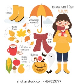 autumn set with cute girl in warm sweater and cup of hot cocoa in hands and different autumn things. can be used for posters or for greeting cards