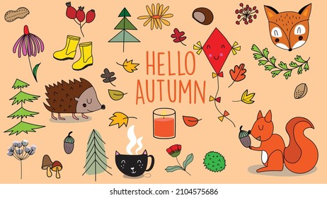  Autumn set, cute hand drawn elements, fall leaves, cozy forest animals, nuts, and other. Perfect for web, card, poster, cover, tag, invitation, sticker kit. Vector illustration