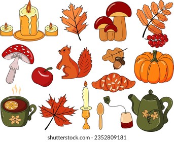 Autumn set of cute illustrations, design collection with pumpkin, autumn leaves, candles, squirrel, mushrooms and others. Vector illustration, EPS 10