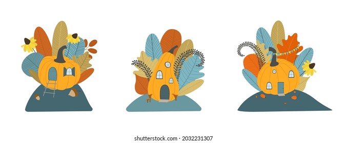 Autumn set of Cute Pumpkin House with leaves, flowers. Fall bouquet. Fall clipart, harvest set, cozy season elements. Vector illustration in flat style isolated on white background.