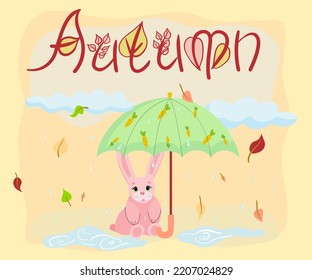 Autumn set with cute rabbit under an umbrella and falling autumn leaves. Vector illustration. Isolated elements. Autumn character bunny for cards, design, decor and print