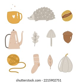 Autumn Set Of Cute Stickers Of Cup, Hedgehog, Chestnut, Acorn, Mushroom, Coffee Pot, Leaf, Pumpkin, Knitted Sock, Ball In Scandinavian Style For Postcards, Prints, Stickers. Childish Vector 