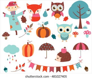 Autumn set of cute vector characters and design elements.