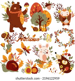Autumn set, cute wodland animals and elements autumn, cute mouse, a funny owl, hedgehog, colored trees, autumn leaves, mushrooms. Perfect for web, harvest festival, banner, card and Thanksgiving.