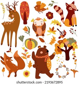 Conjunto otoñal, lindos animales de bosque adorables ciervos, zorro astuto, búho y otros elementos otoñales, árboles de colores, hojas de otoño, setas. Perfecto para la web, festival de cosecha, banner, tarjeta y día de Acción de Gracias